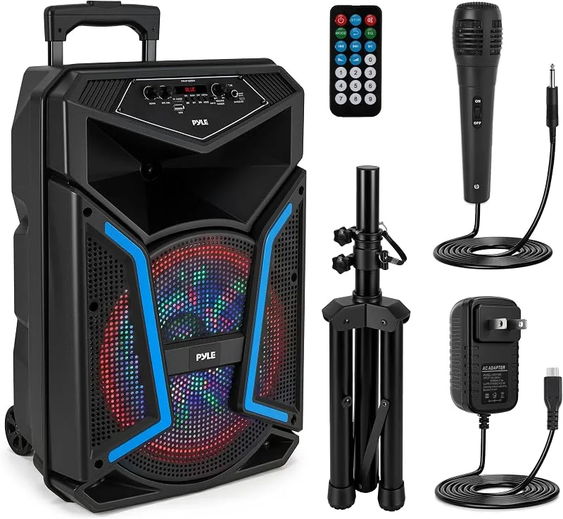 Pyle portabel Bluetooth PA-högtalare – 800W utomhushögtalare med fjärrkontroll, mikrofoningång, festljus, MP3, USB SD-kortläsare, FM-radio och hjul — Hörlurar och ljud