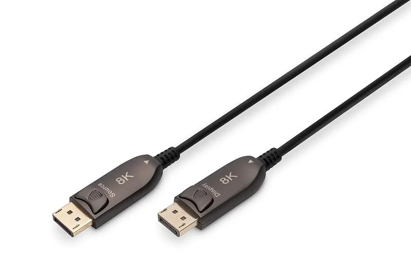 DIGITUS DisplayPort-glasfiberkabel – 10 m – UHD 8k 60Hz 4k 120Hz – Displayport 1.4 – 32, 4 Gbps – HDR, HDCP 2.2, CEC – AOC-hybridkabel – Förgyllda kontakter – Svart — Laddning och kablar