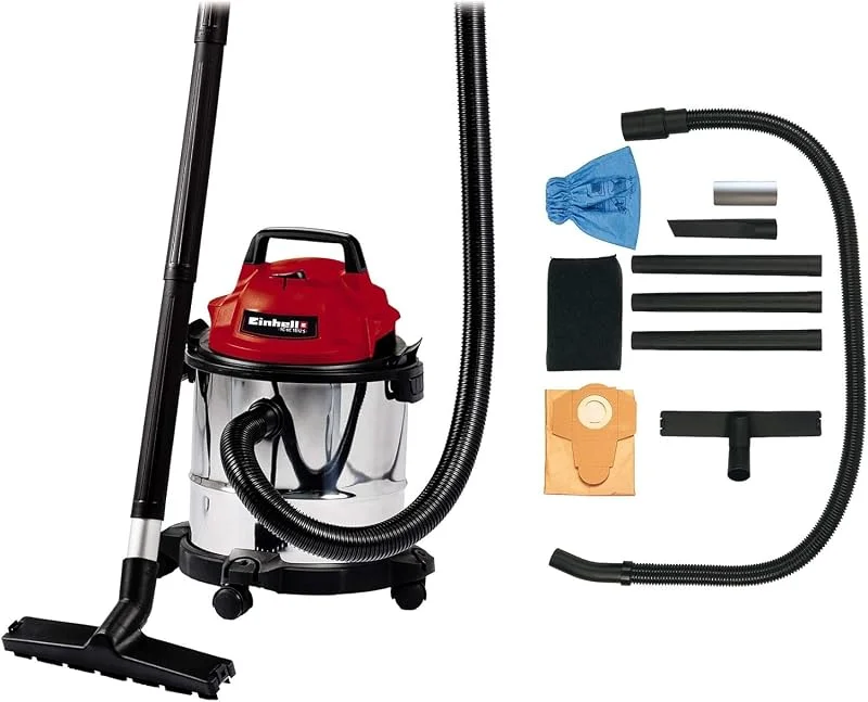 Einhell Våt- och torrdammsugaren TC-VC 1812 S (1250 W, 180 mbar, 12 l, blåsanslutning, 4 svivlande hjul, kabelhållare, sugslang 1.5 m, inkl. komfortmunstycke, skumgummifilter, papperspåse) — Hushållselektronik