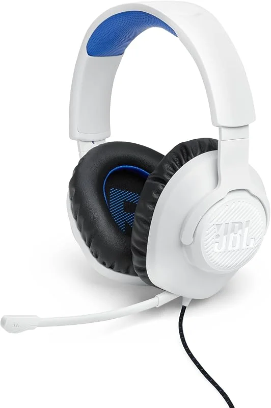 JBL Quantum 100P, Gaming-Hörlurar med Avtagbar Mikrofon, Vit, Blå — Hörlurar och ljud
