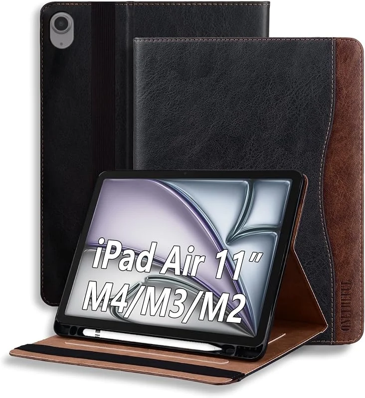 Fodral för iPad Air 11 tum M3 (2025), M2 (2024), iPad Air 5:e, 4:e generationen (2022, 2020) mjukt TPU-läderfodral med pennhållare och ficka, flera vinklar, automatisk väckning, sömn svart — Mobil och surfplatta