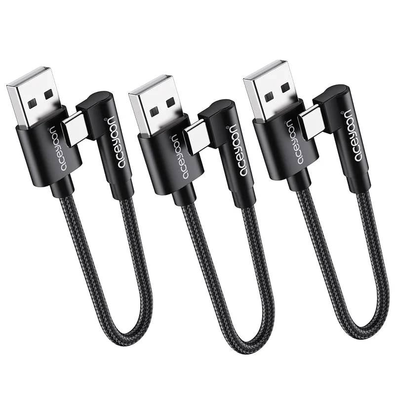 Aceyoon USB Type-C-kabel 90 grader 10 cm, 3 st kort snabbladdning nylon kompatibel med iPhone 16 15, Samsung Galaxy S24 S23 S22, Huawei P30 P20 — Mobil och surfplatta