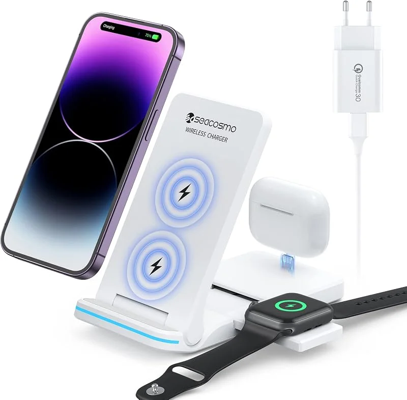seacosmo Vikbar 3-i-1 induktionsladdare för iPhone 15, 14, 13, 12, Pro, Max, Plus, trådlös laddare för Apple Watch Ultra 9, 8, 7, 6, 5, 4, 3, laddningsstation för AirPods 3, 2 Pro — Mobil och surfplatta