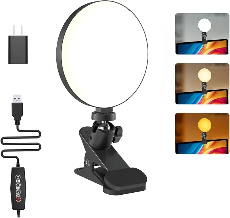 Mojimdo Videoinspelningslampa, 3 färger och 5 ljusstyrkor Clip video light på skrivbordsskärm, timerinställning med USB-kontakt Webbkameralampa för möten och videosamtal-Adapter ingår — Mobil och surfplatta