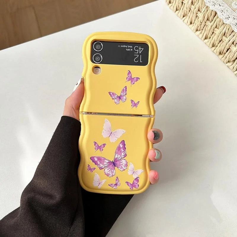 UEEBAI Skal för Samsung Galaxy Z Flip 3, 4 5G, Söta lockiga vågor, ramform, silikon, mobilskal med fjärilsmönster, Slim Fit, stötsäkert, skyddande fodral för kvinnor och flickor, gult — Mobil och surfplatta