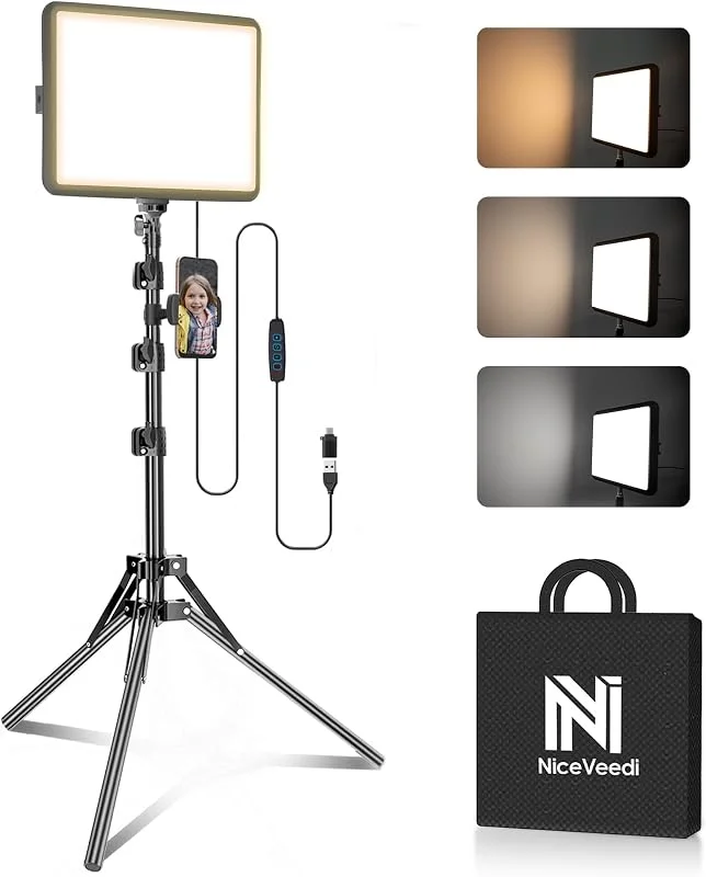 LED-videobelysningspanel Kit25 cm x 20 cm, fotolampa 2 800–6 500 K, dimbar med telefonhållare, 185 cm för videoinspelning, spelströmning, Youtube, TikTok — Mobil och surfplatta