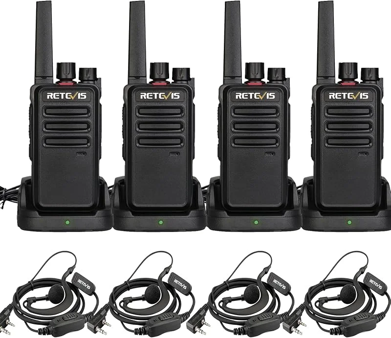 Retevis RT668 Tvåvägsradioset med Headset, PMR446 Licensfritt, VOX Squelch, Uppladdningsbar Walkie Talkie, 16-Kanals CTCSS, DCS-TOT-Scan, Tvåvägsradio för Hotell, Skolor, Företag (Svart, 4 Delar) — Portabel digital och ljud