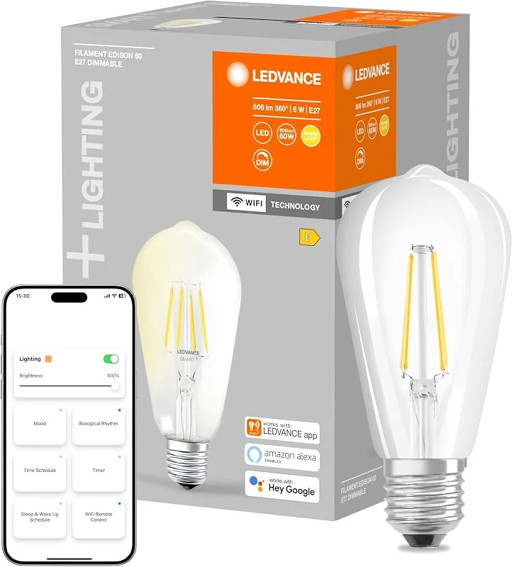Ledvance Smart LED-lampa med WiFi-teknik, sockel E27, dimbar, varm vit (2700 K), ersätter glödlampor med 60 W, SMART WiFi filament Edison Dimmable, SMART+ filament Edison Dimmable — Smarta hem