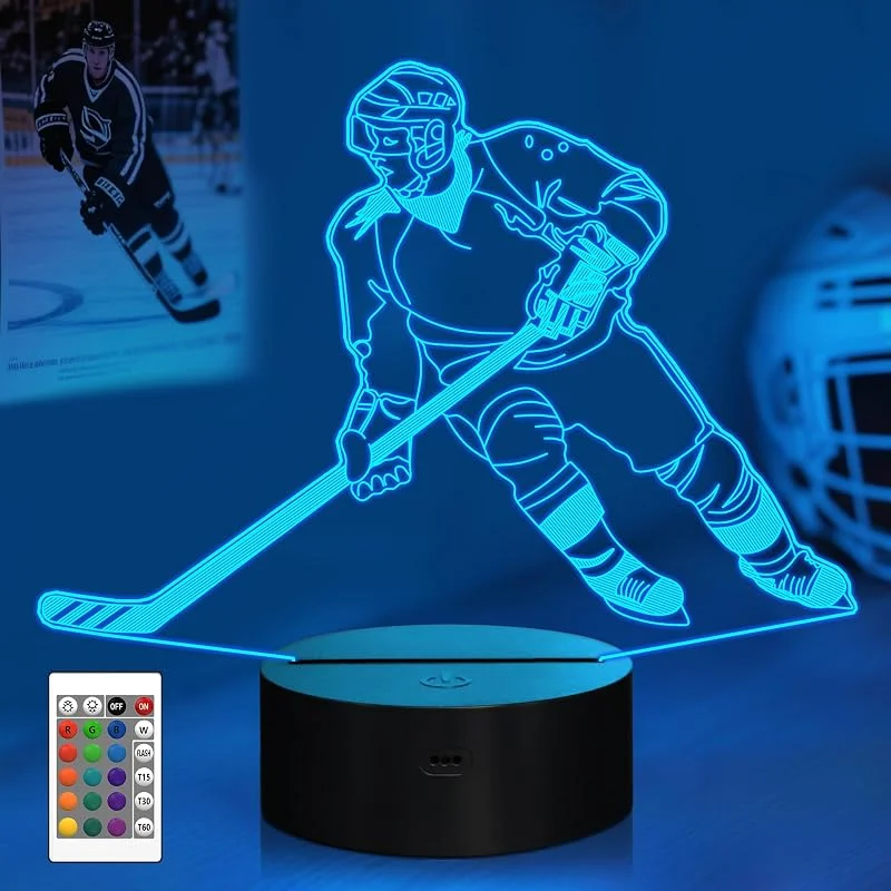 Ishockey, present, CooPark, 3D, ishockey, nattlampa för barn, 16 färger som kan ändras med fjärrkontroll, dimbar funktion, sporttema, sovrum, cool dekorationslampa för barn — Hushållselektronik