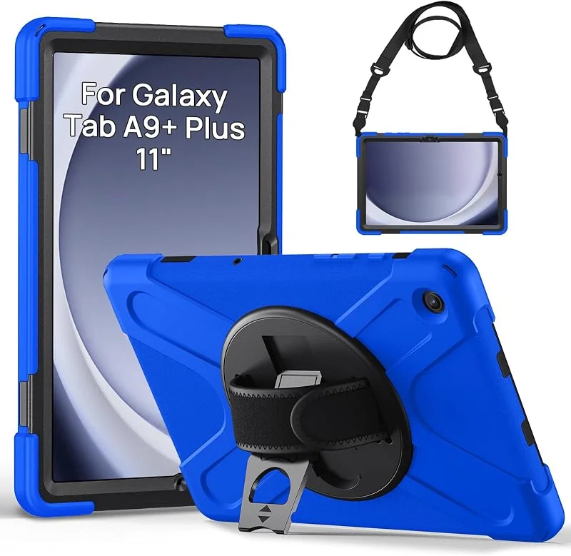 Gerutek Skal Samsung Galaxy Tab A9 Plus 11 tum 2023, SM-X210, X216, X218 stötsäkert silikonfodral med 360 Roterande Hållare och Axelrem Skyddsfodral för Galaxy Tab A9 Plus, Blå — Mobil och surfplatta