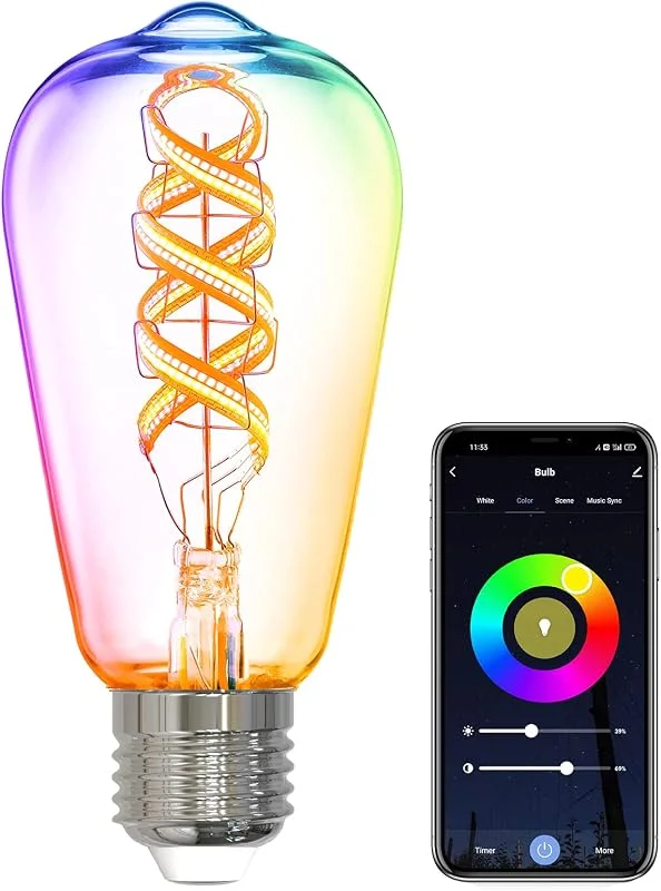 ANTELA Filament LED Glödlampa LED-lampa E27, 180LM, 4.9W, Smart Lampa Kompatibel med Alexa och Google Home, Varmvit 1800K och RGB-Färger, 15000 Timmars Livslängd, 1 st — Smart belysning